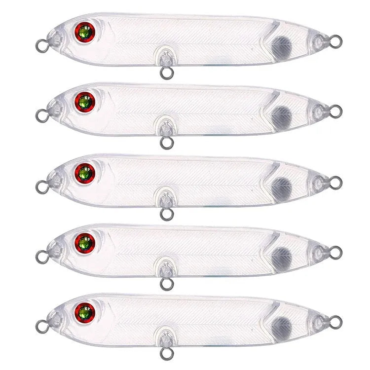 Transparent 9.5cm long ABS plastic blank lure body with a 7mm eye hole for DIY fishing bait creation.