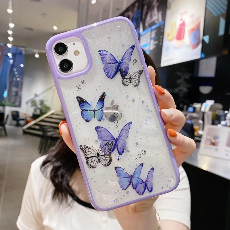 Gray epoxy glitter butterfly TPU phone case for iPhone on white background