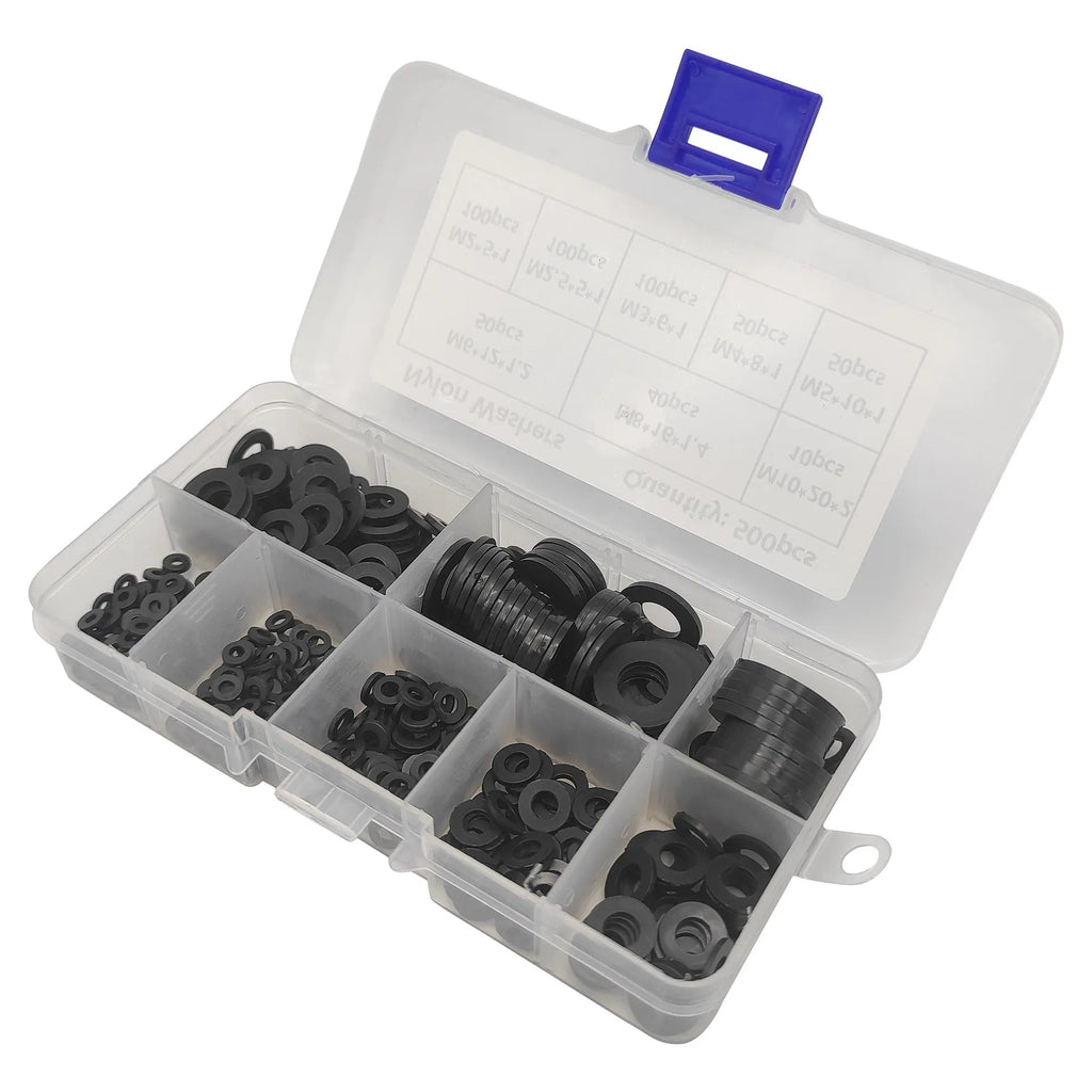 500 pack of black nylon plastic gasket washers in mixed metric sizes from M2 to M10 in a plastic storage box