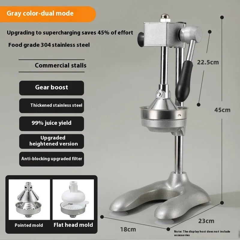 Stainless steel manual vertical citrus juicer on a countertop, showing optional colour finishes and head styles.