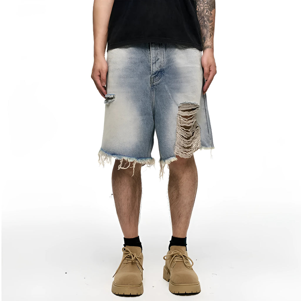Light blue washed men's denim shorts with a baggy wide leg fit on a mid waist.