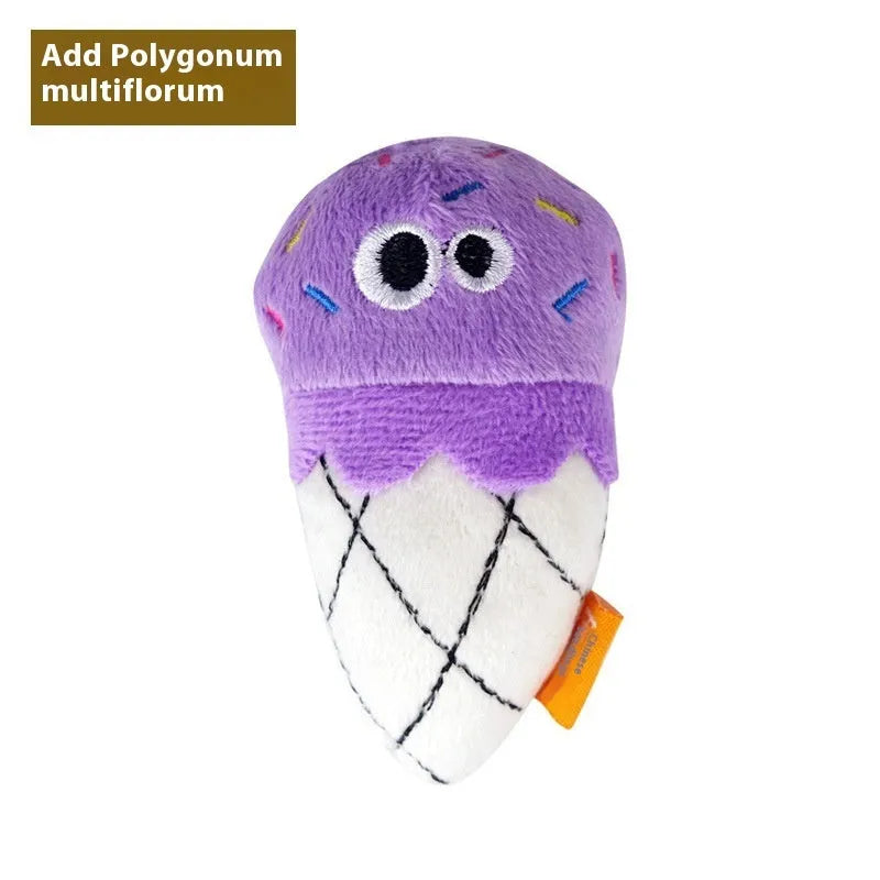 Set of six plush cat pillow toys shaped like a burrito, pineapple, pizza, cone, cucumber, and mushroom.