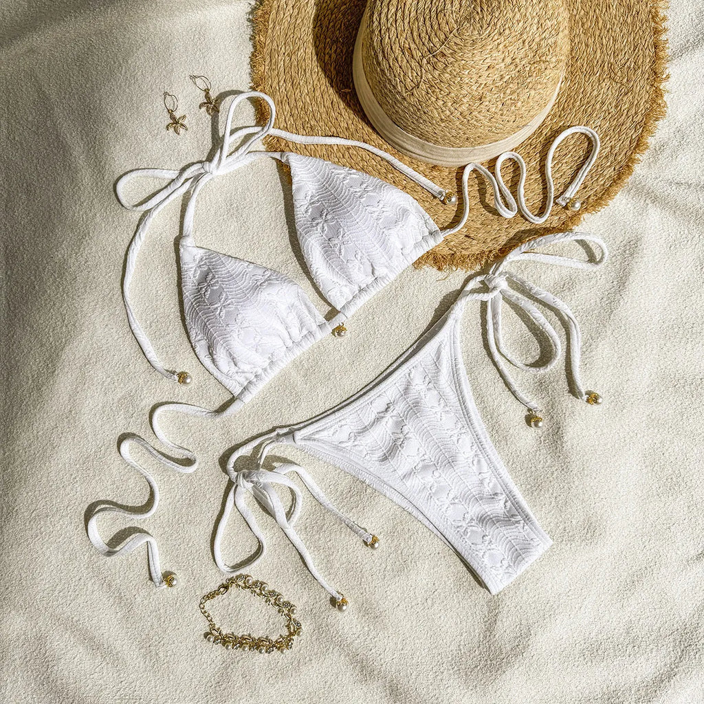Halter lace-up bikini in Milky White for women swimming, polyester fibre fabric, includes bra and briefs