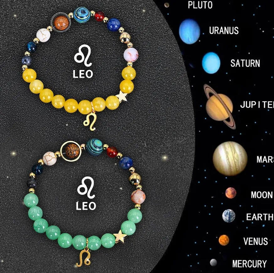 Set of twelve natural stone beaded bracelets, each with a different zodiac sign charm, on a white background.