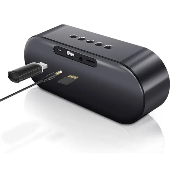 Black Bluetooth speaker with button controls and TF card slot on front