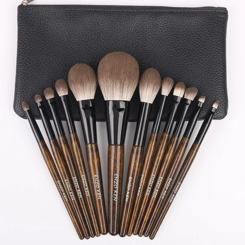 12-piece makeup brush set with wooden handles in grey PU storage case