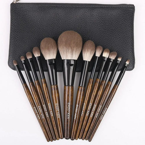 12-piece makeup brush set with wooden handles in grey PU storage case