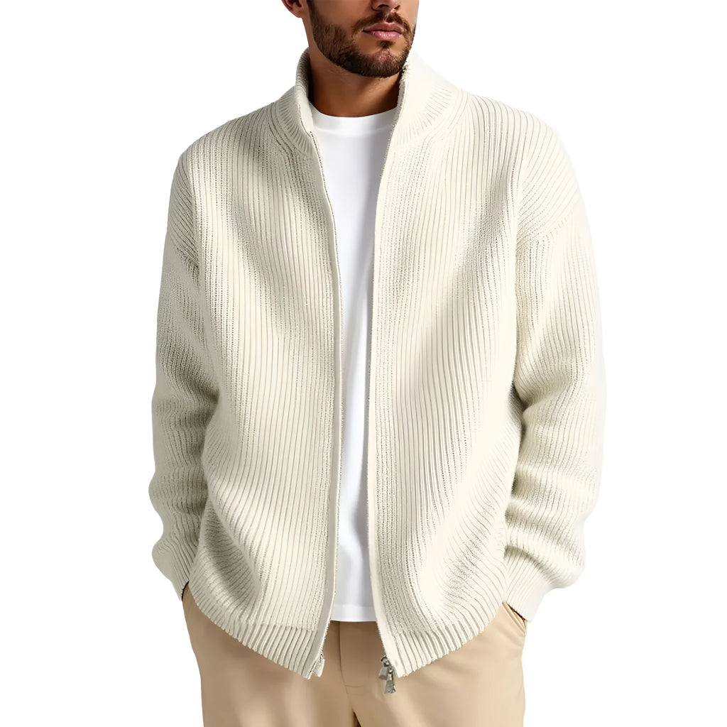 Loose-fit grey men's cardigan sweater on a hanger, front view.
