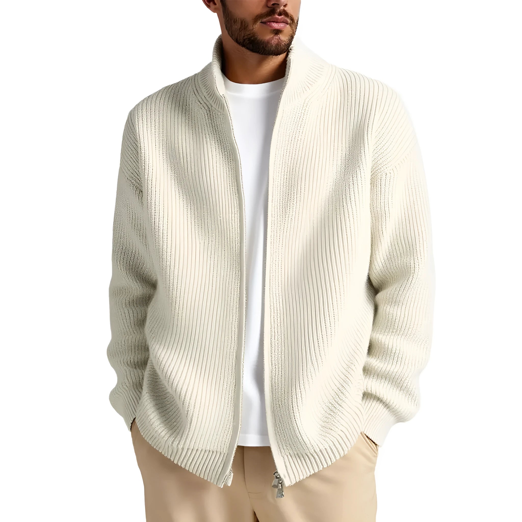Loose-fit grey men's cardigan sweater on a hanger, front view.