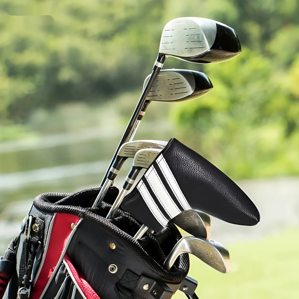 Black PU leather golf club head cover and push rod case set for equipment protection