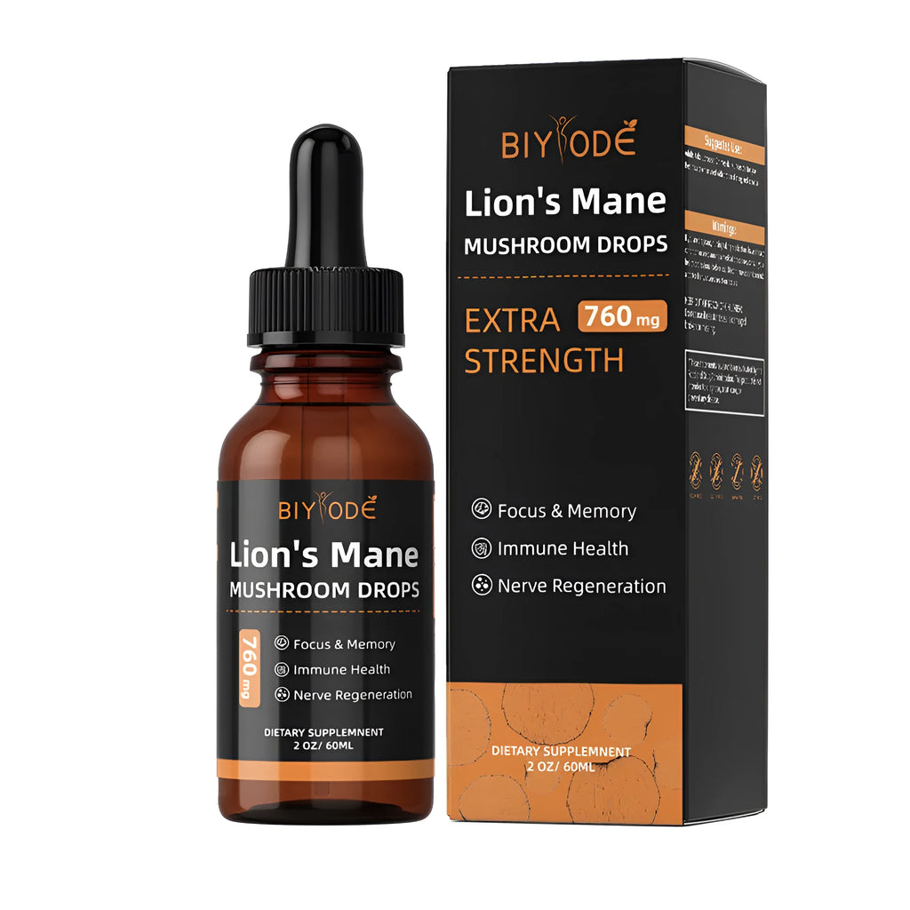Organic Lions Mane Mushroom Extract Drops in a glass bottle with dropper, two flavour options