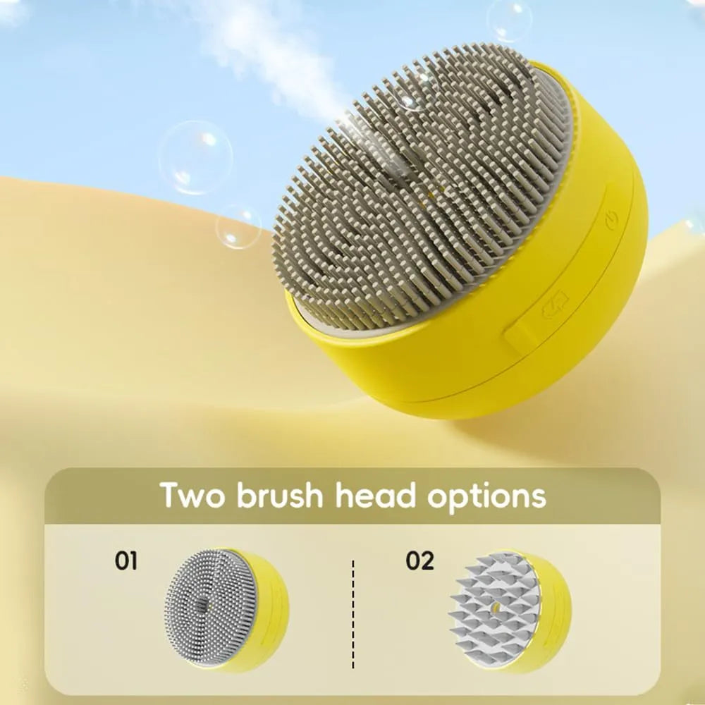 Rechargeable green and yellow silicone steam brush for grooming cats and dogs.