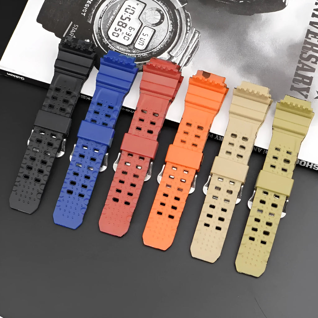 Camouflage pattern TPU watch strap with silver buckle closure shown in multiple colour options