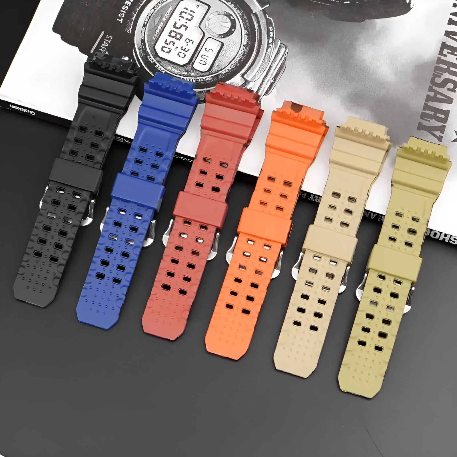 Camouflage pattern TPU watch strap with silver buckle closure shown in multiple colour options
