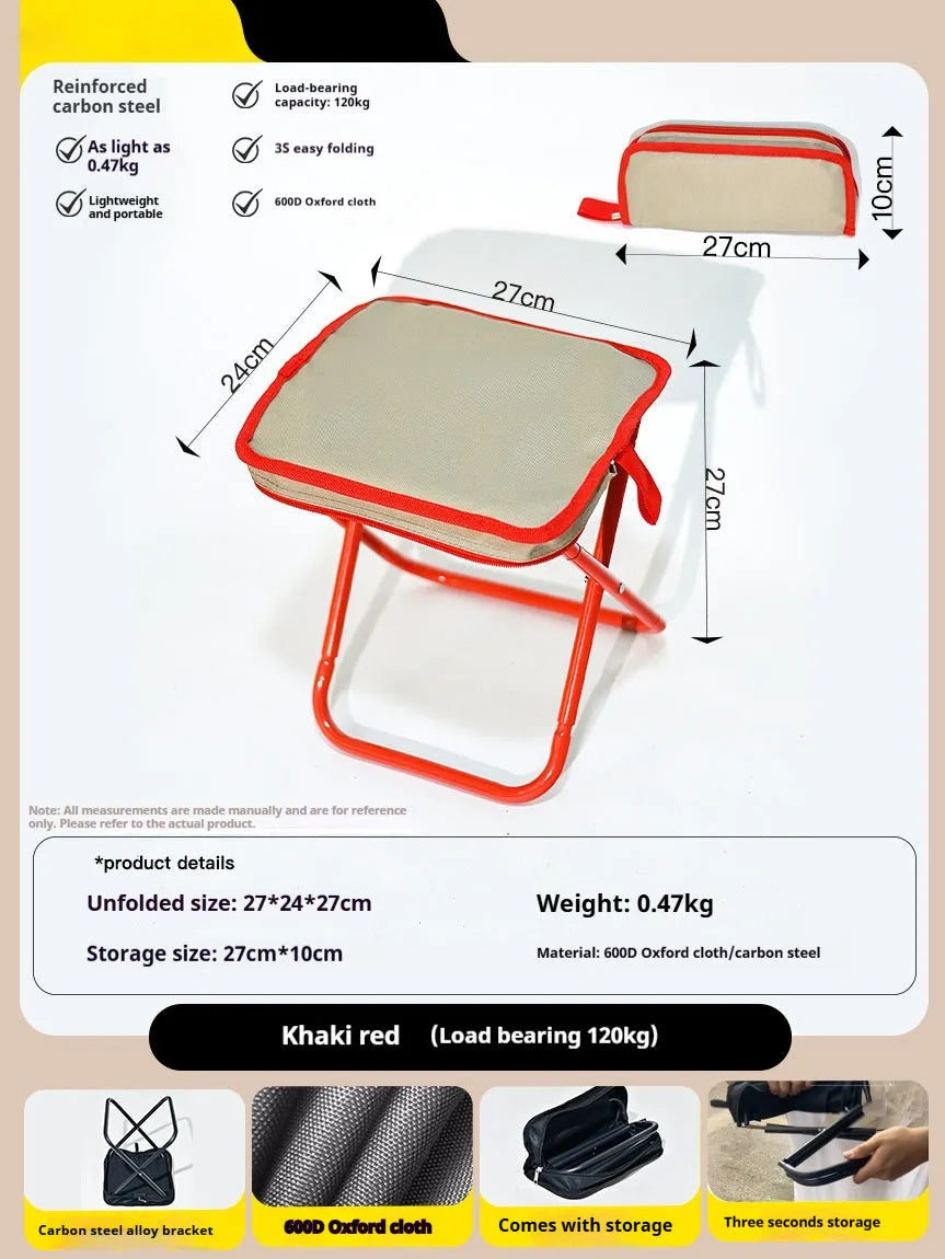 Foldable outdoor camp stool in oxford cloth shown in a khaki colour, folded compactly.