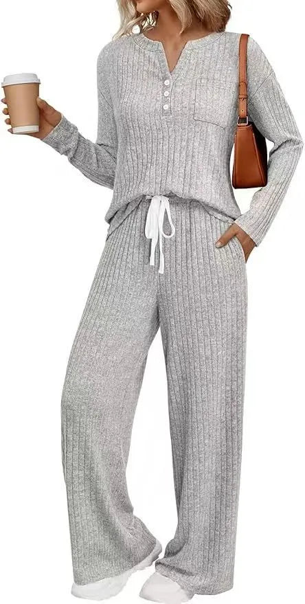Women's striped knit long coat with V-neck, long sleeves, lace-up details and side pockets