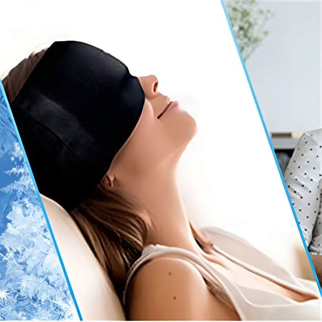 Black elastic cloth gel eye mask for headache relief measuring 22cm by 17cm