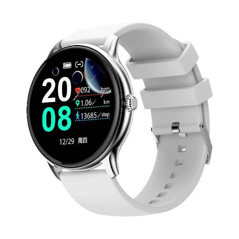 Blood pressure monitoring smartwatch with circular touchscreen display and silicone wristband