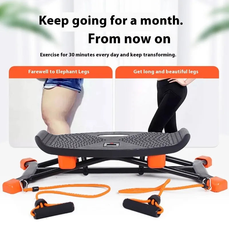 Black JS101A mini fitness skiing machine with elastic hand straps on a home floor