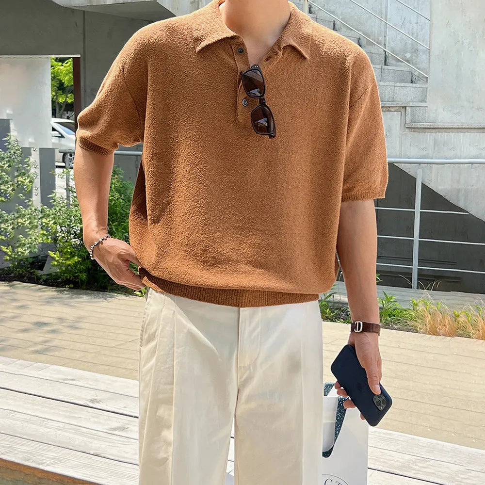 Men's caramel coloured retro knitted polo shirt with asymmetric detail and short sleeves in loose fit
