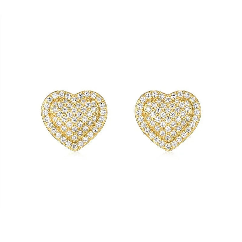 Golden colour S925 silver stud earrings with heart-shaped moissanite stone designs