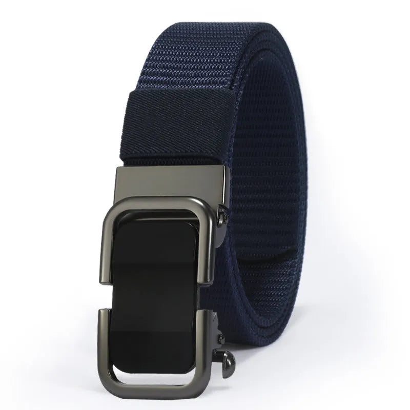 Men's nylon canvas belt with toothless alloy buckle shown in multiple colour options.
