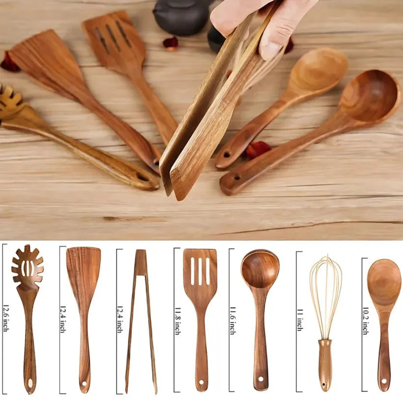 Seven-piece wooden cooking utensil set with spoon and shovel for non-stick pans