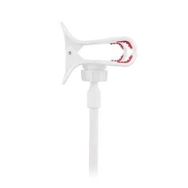 Black portable phone holder with a long flexible arm and a V-shaped clip, extended on a bedside table.