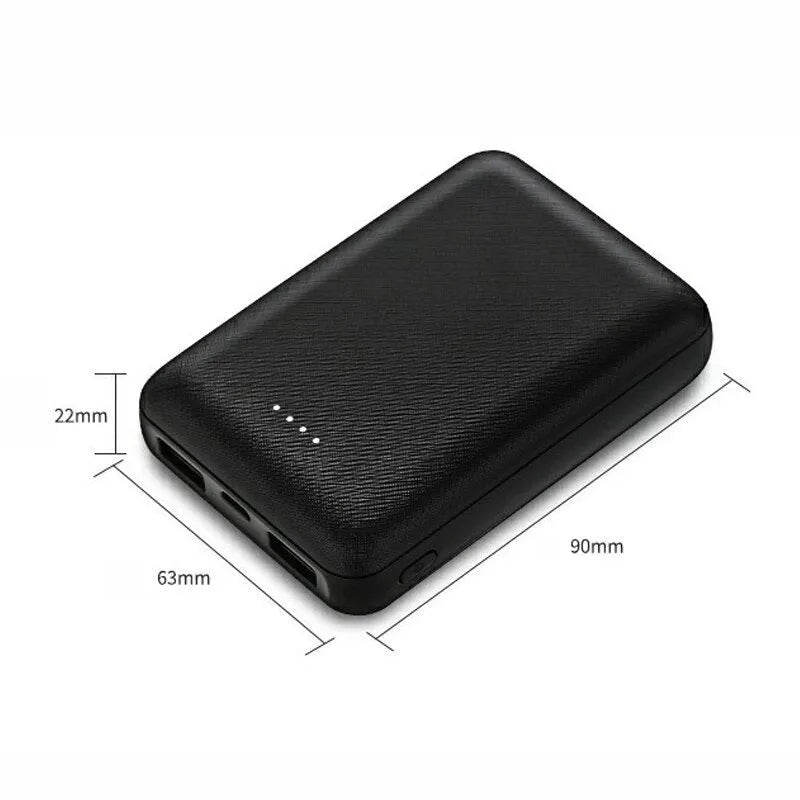 Black and white ultra-thin 10,000mAh power bank measuring 90x63x22mm with multiple USB ports
