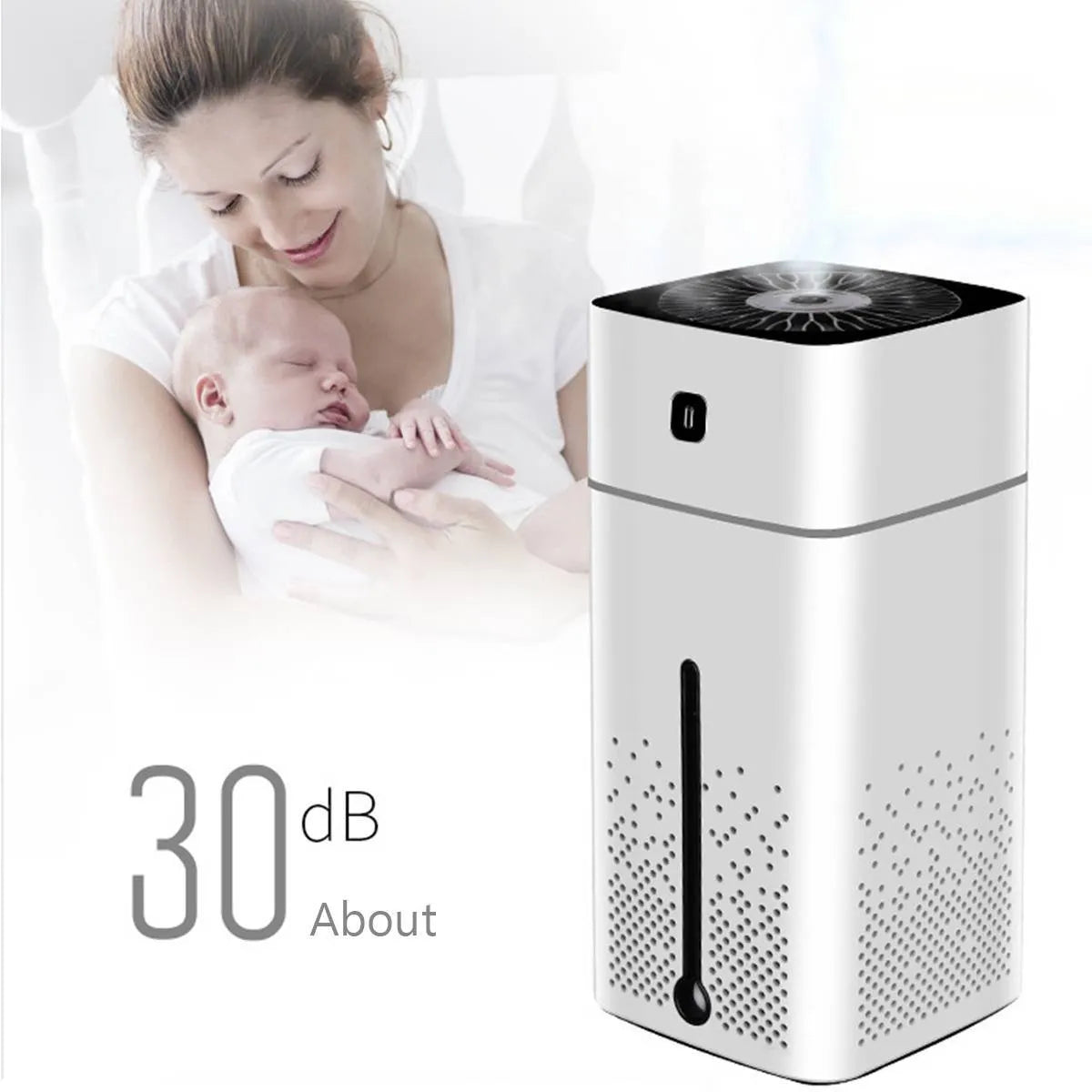 Black or white desktop humidifier with 1000ml tank and USB port for home office use.