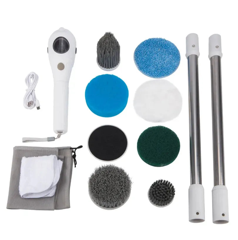 White handheld electric cleaning ball with a brush attachment on a household surface.