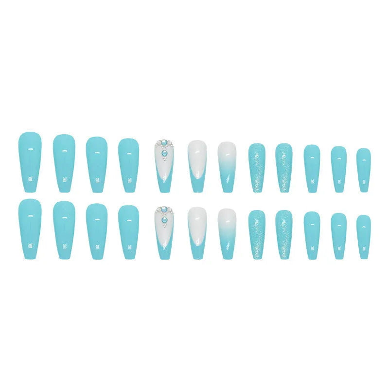 Blue diamond decorated ballerina artificial nails with 20mm length and included glue