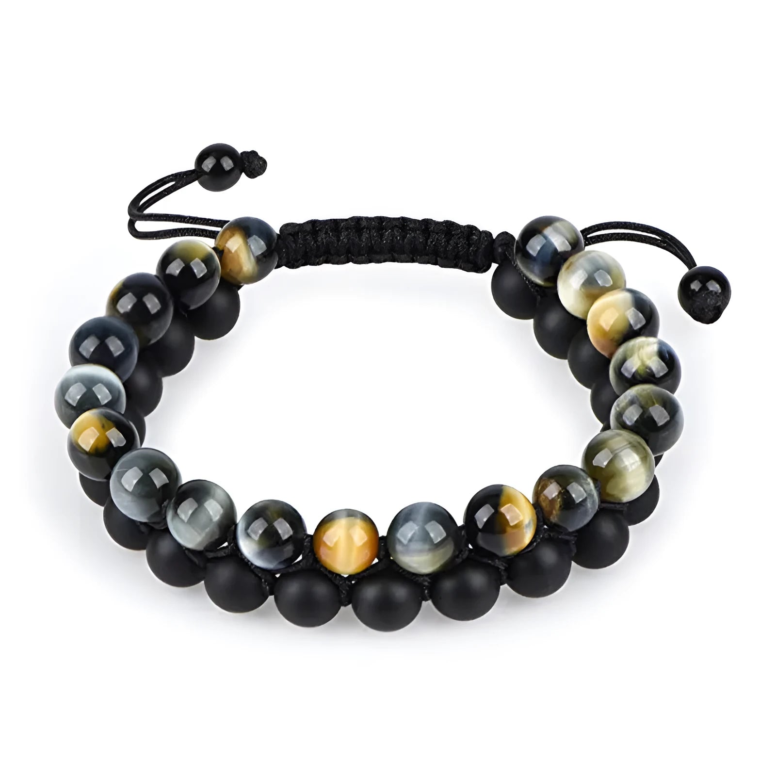 Geometric matte black agate couple bracelets with tiger eye beads, shown as a matching set.