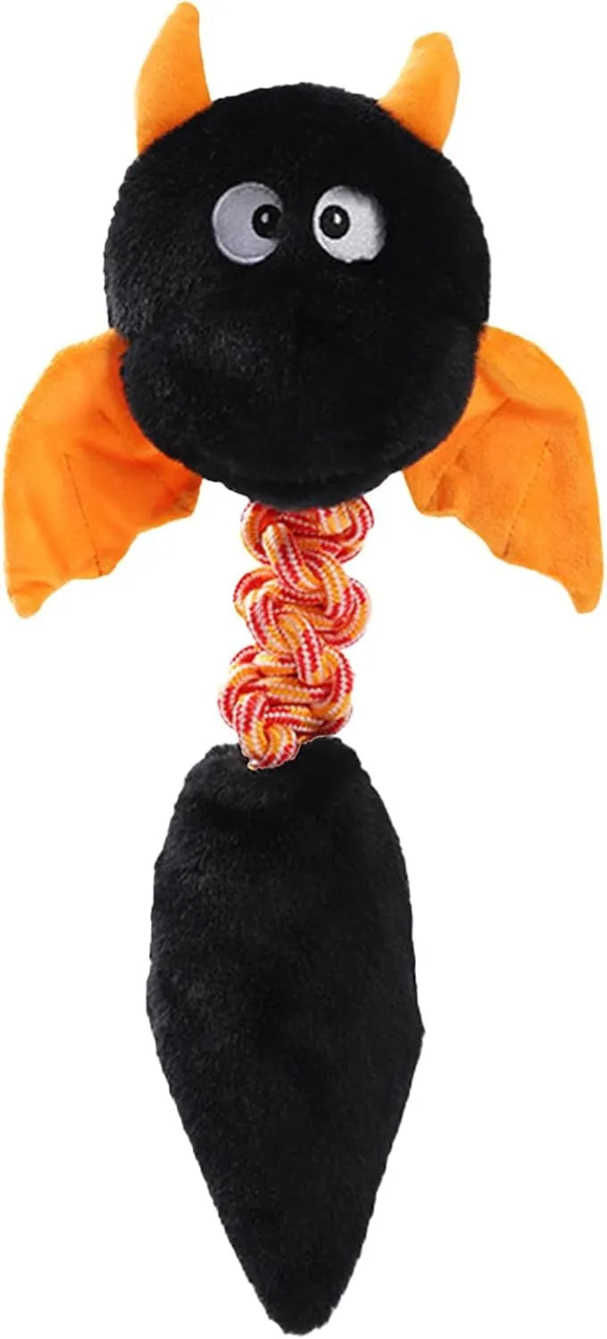 Large black plush dog toy with rope knot, shown next to a red and green version.