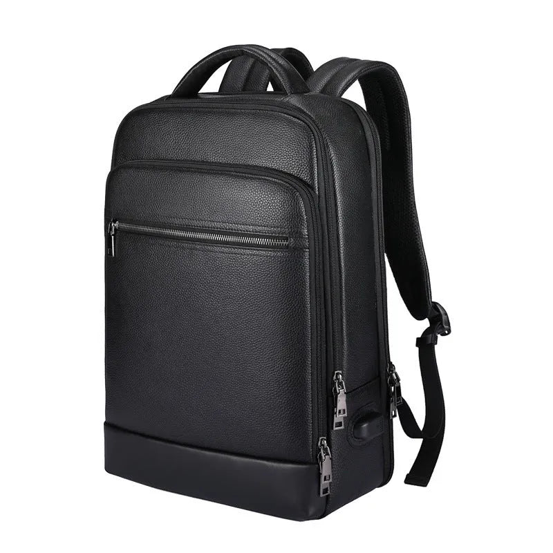 Black leather men's business computer backpack with curved shoulder straps and professional styling