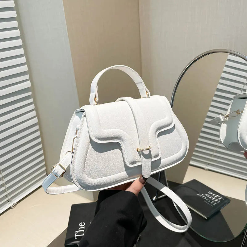 PU leather horizontal square casual handbag with stitching detail in black