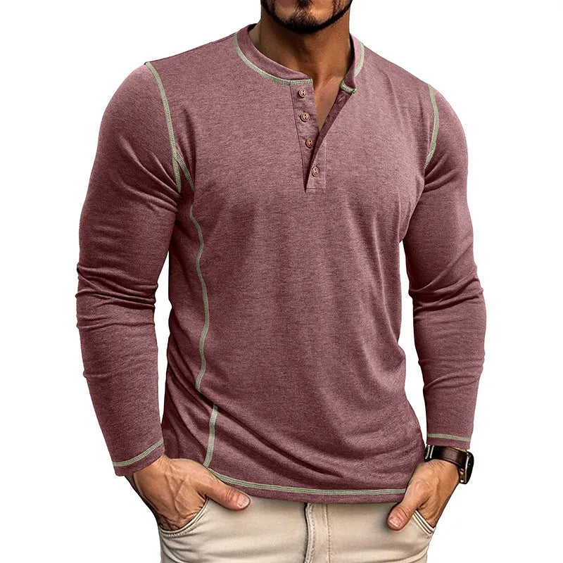 Men's cotton blend Henley shirt with four-button top, slim fit, available in blue, sizes S to 3XL