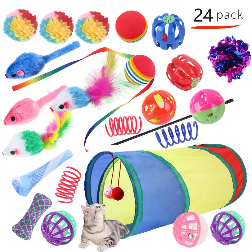 Plastic cat toy channel maze set with coloured accessories for feline play