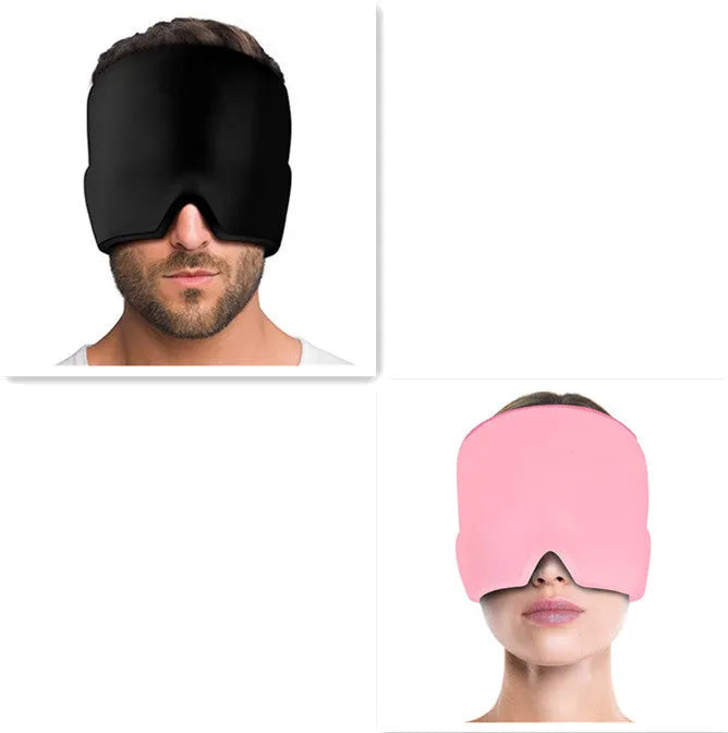 Black elastic cloth gel eye mask for headache relief measuring 22cm by 17cm