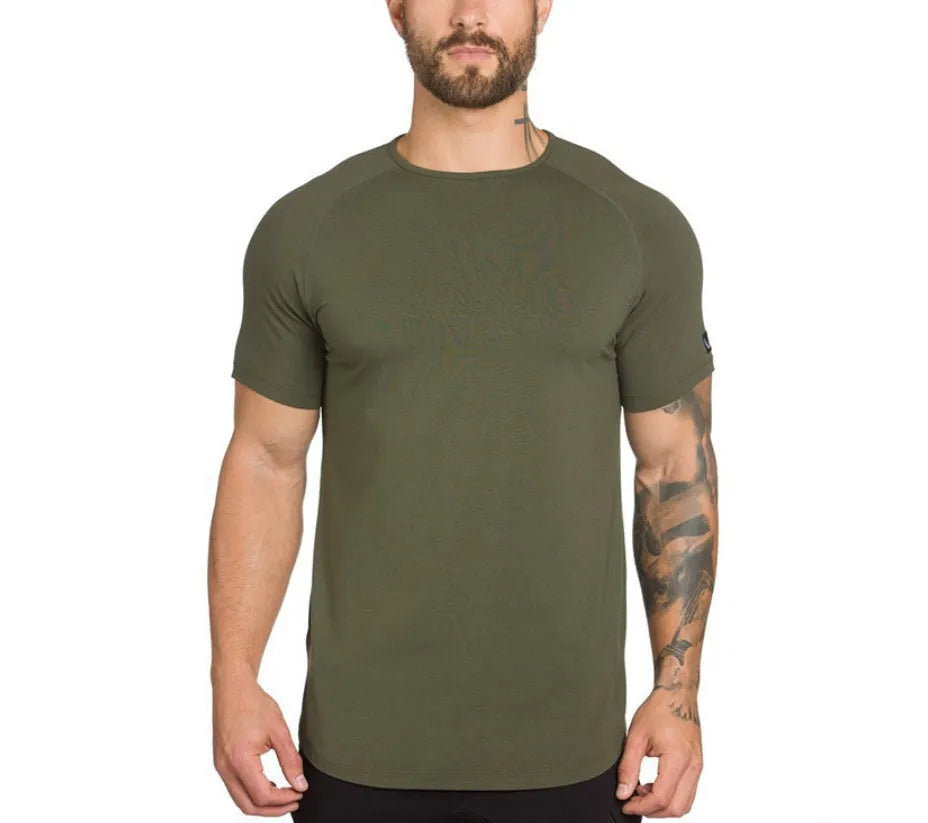 Men's plain gym shirt in cotton spandex blend shown in army green, black, and white colour options.