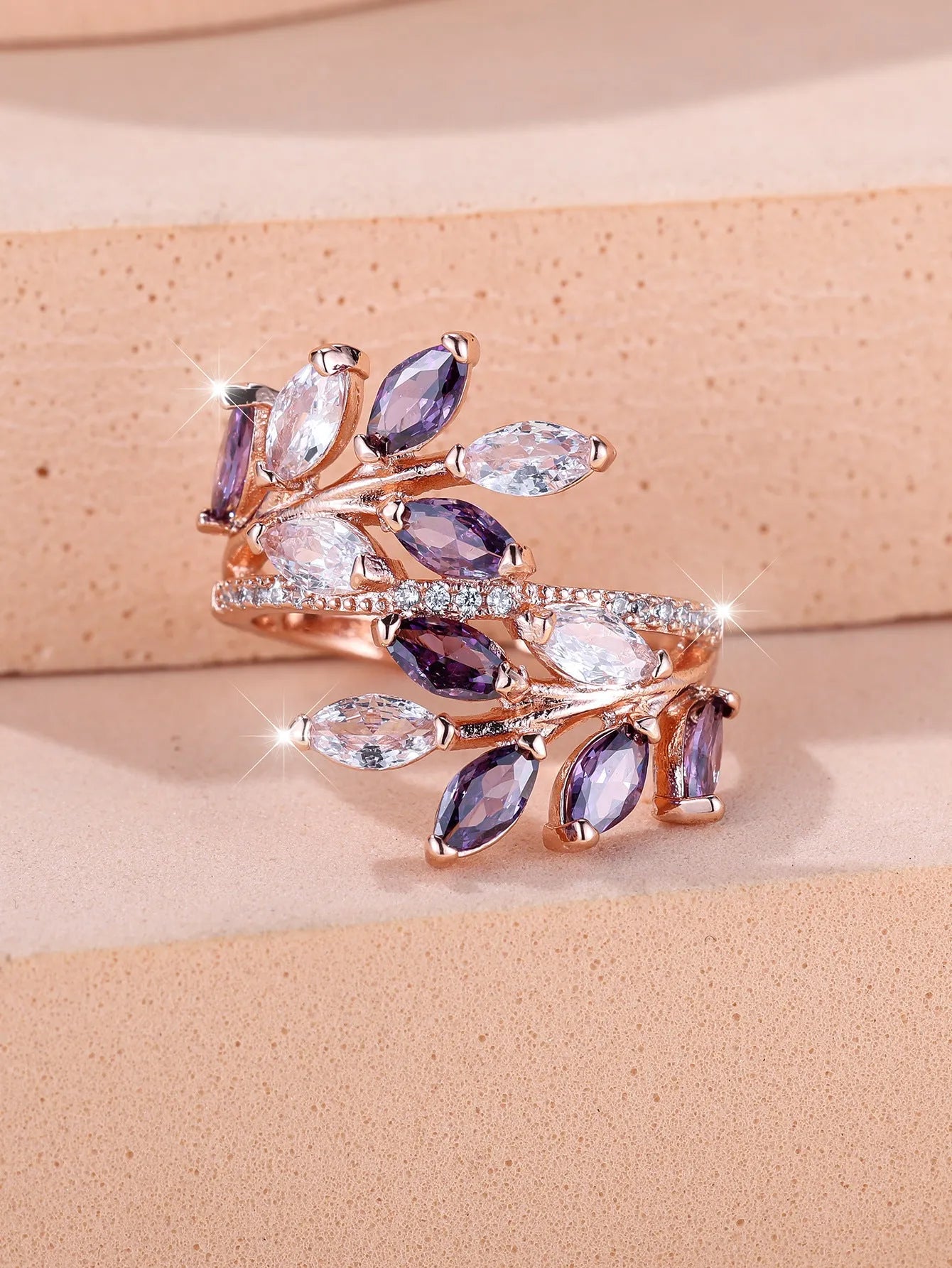 Adjustable copper leaf fashion ring with stone settings in multiple colour options