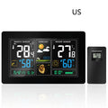 Black rectangular radio controlled alarm clock with LCD perpetual calendar, humidity, and weather forecast display