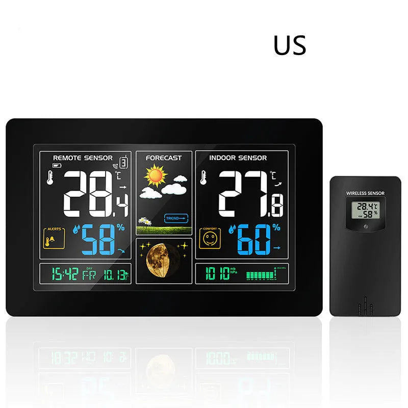 Black rectangular radio controlled alarm clock with LCD perpetual calendar, humidity, and weather forecast display