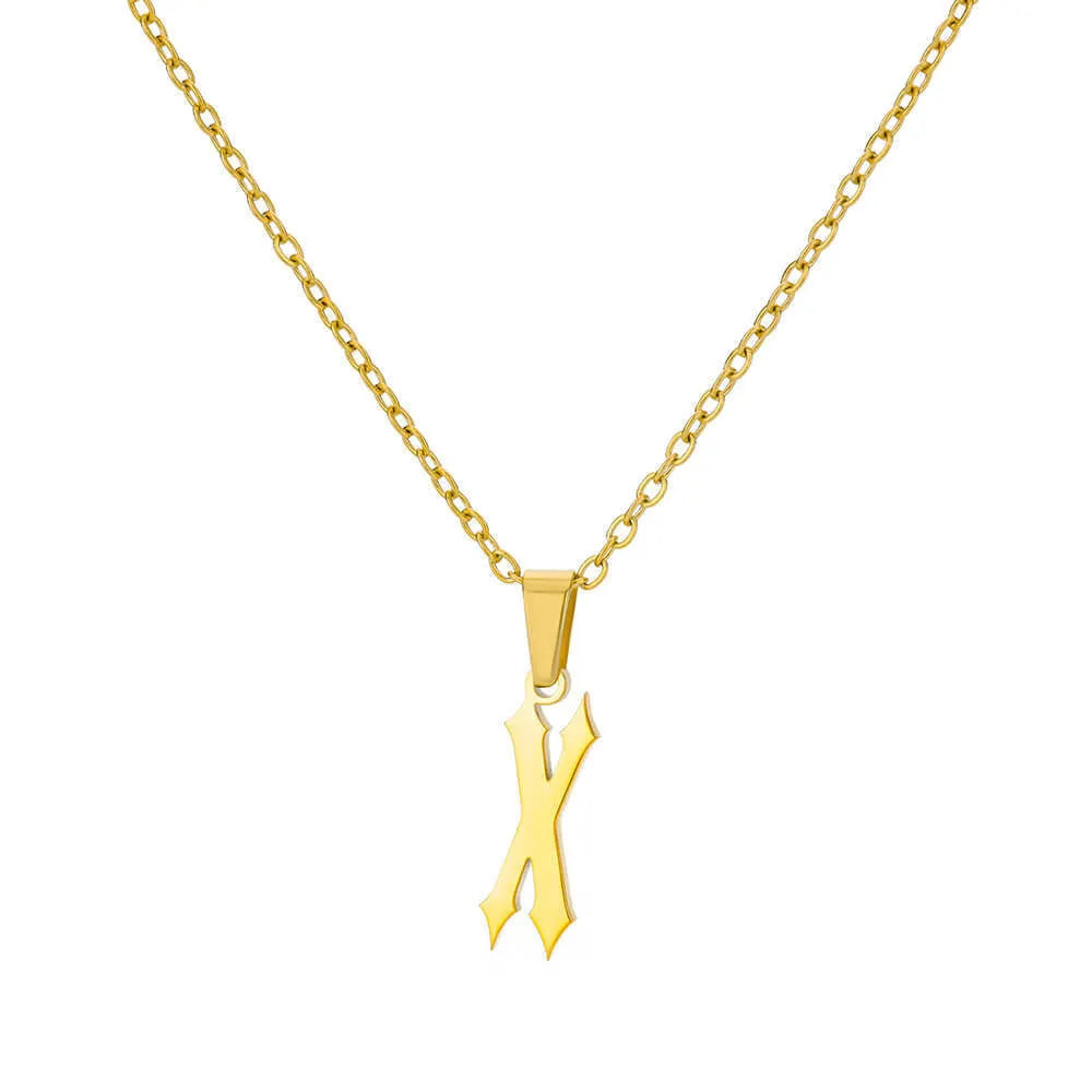 Gold stainless steel ancient English letter pendant necklace with O-ring chain on white background