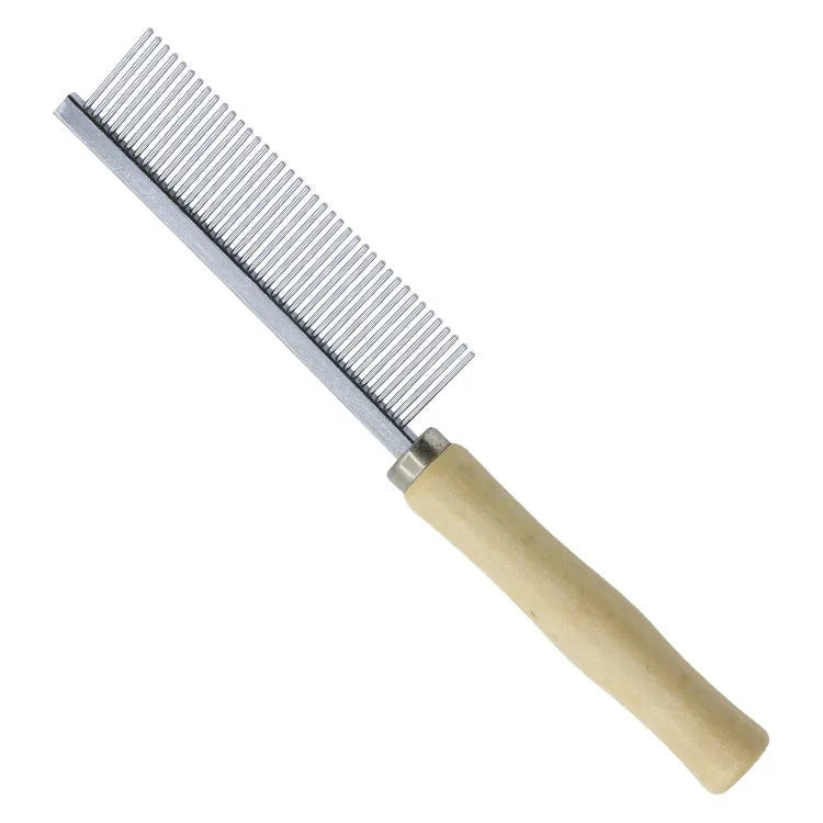 Wooden handled pet grooming comb with round-tipped teeth, shown next to a dog.