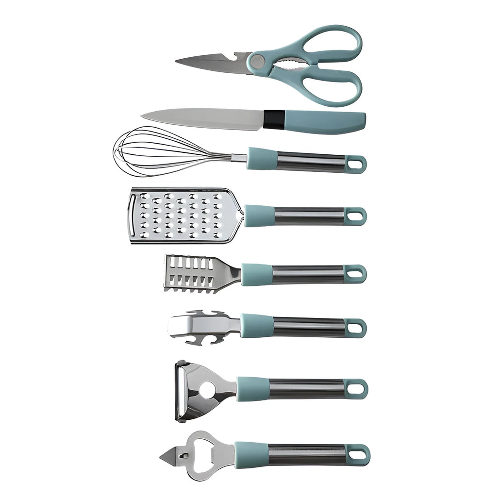 Stainless steel kitchen gadget set with whisk, grater, peeler, fruit knife, scissors, and tray lifter in grey