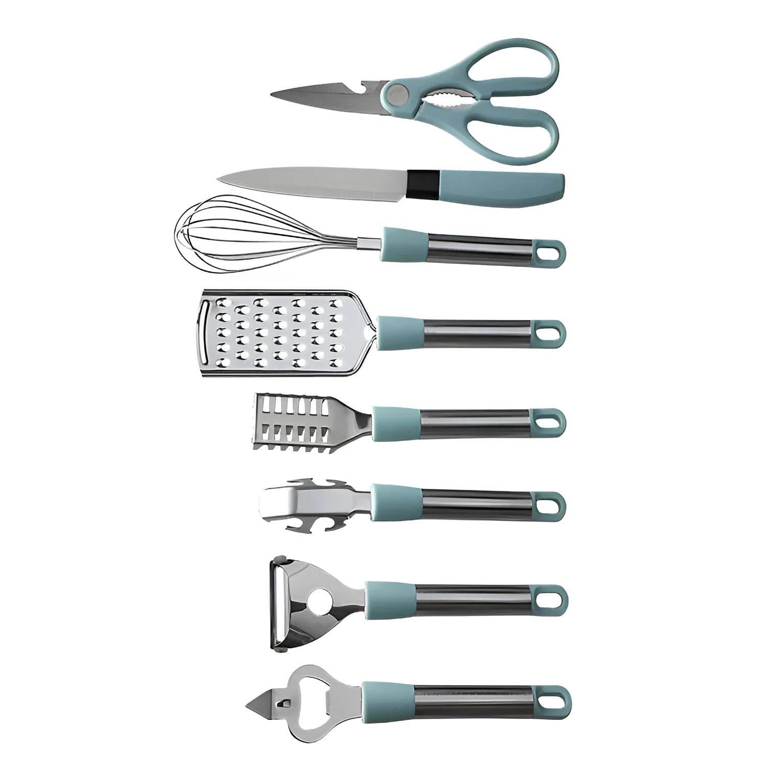 Stainless steel kitchen gadget set with whisk, grater, peeler, fruit knife, scissors, and tray lifter in grey