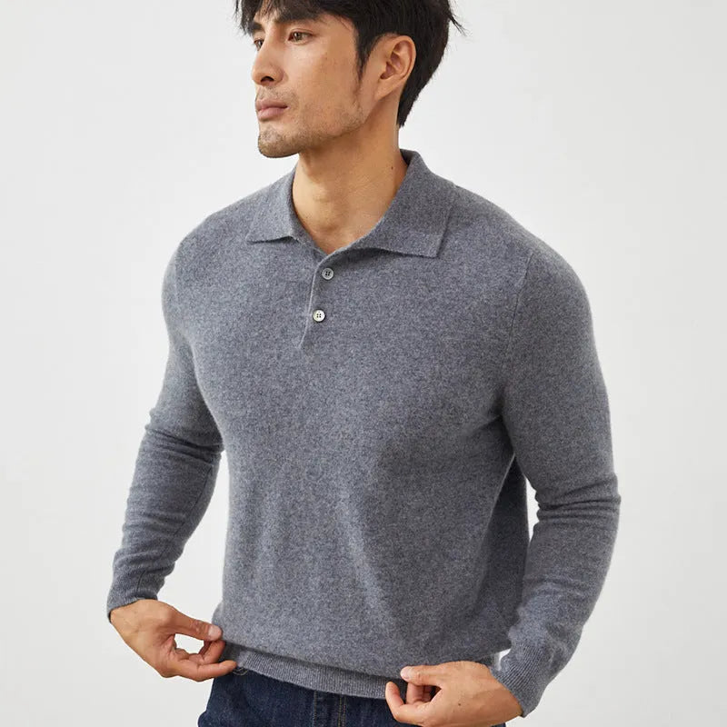 Men's sapphire blue cashmere pullover sweater with a polo collar in a loose fit.