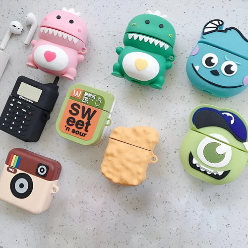 Cartoon animal design silicone protective case for AirPods 1 and 2 generation charging case in multiple colours.