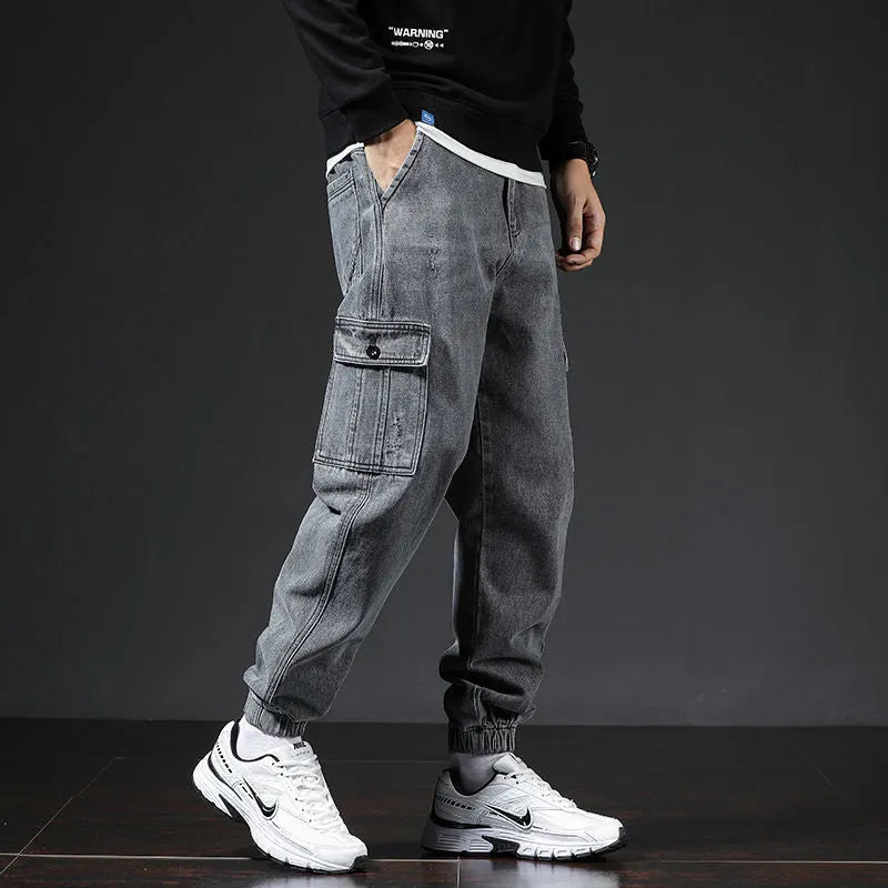 Japanese style workwear multi-pocket jeans in blue for men, mid-waist cotton trousers